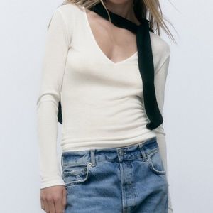 Zara V-neck Ribbed Long Sleeve T-shirt NWT Size M